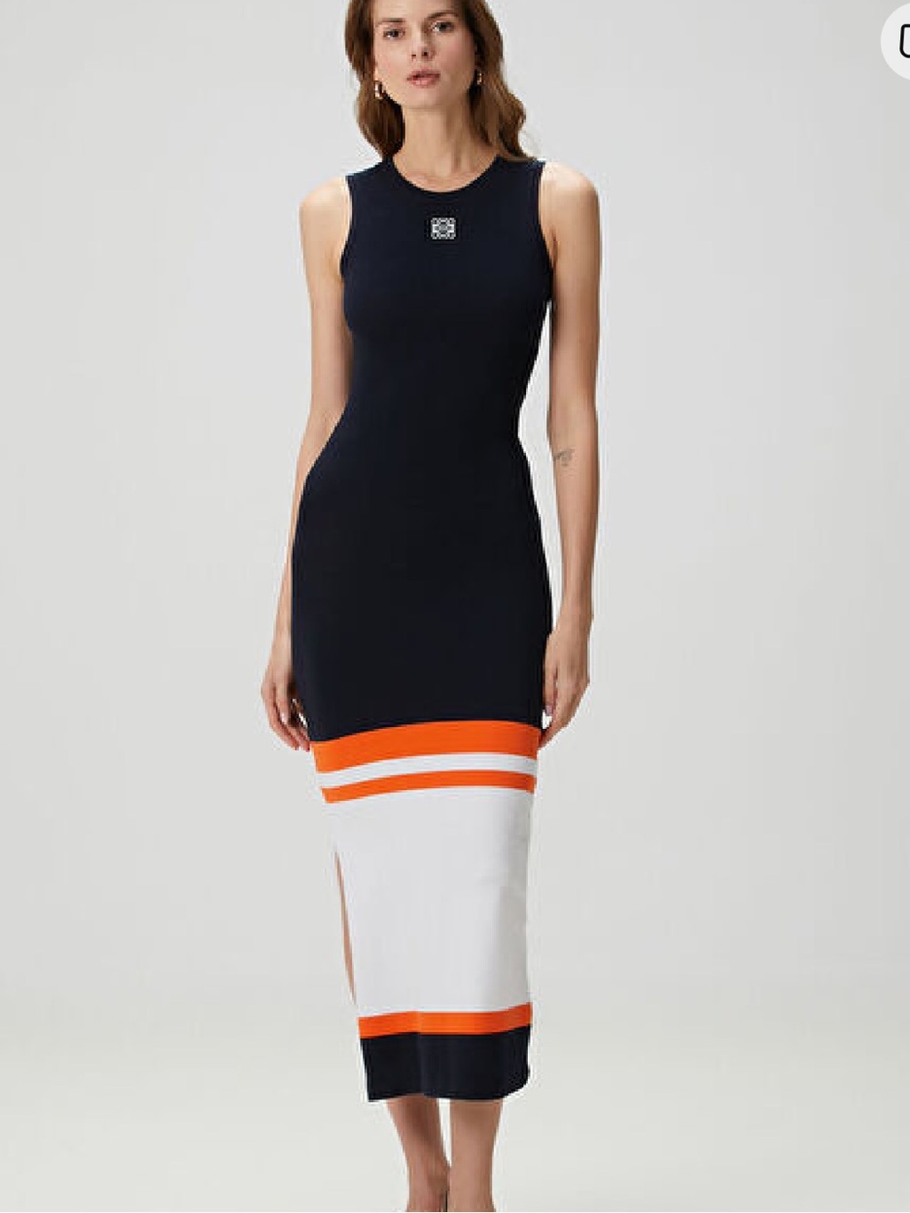 Sleeveless Navy Dress with Orange & White Stripe - LOEWE